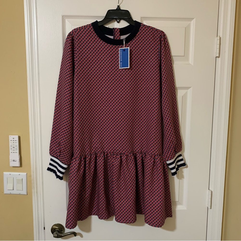 Addison Bay Long Sleeve Ruffle Hem Red White & Blue Patterned Mini Dress - Picture 8 of 11